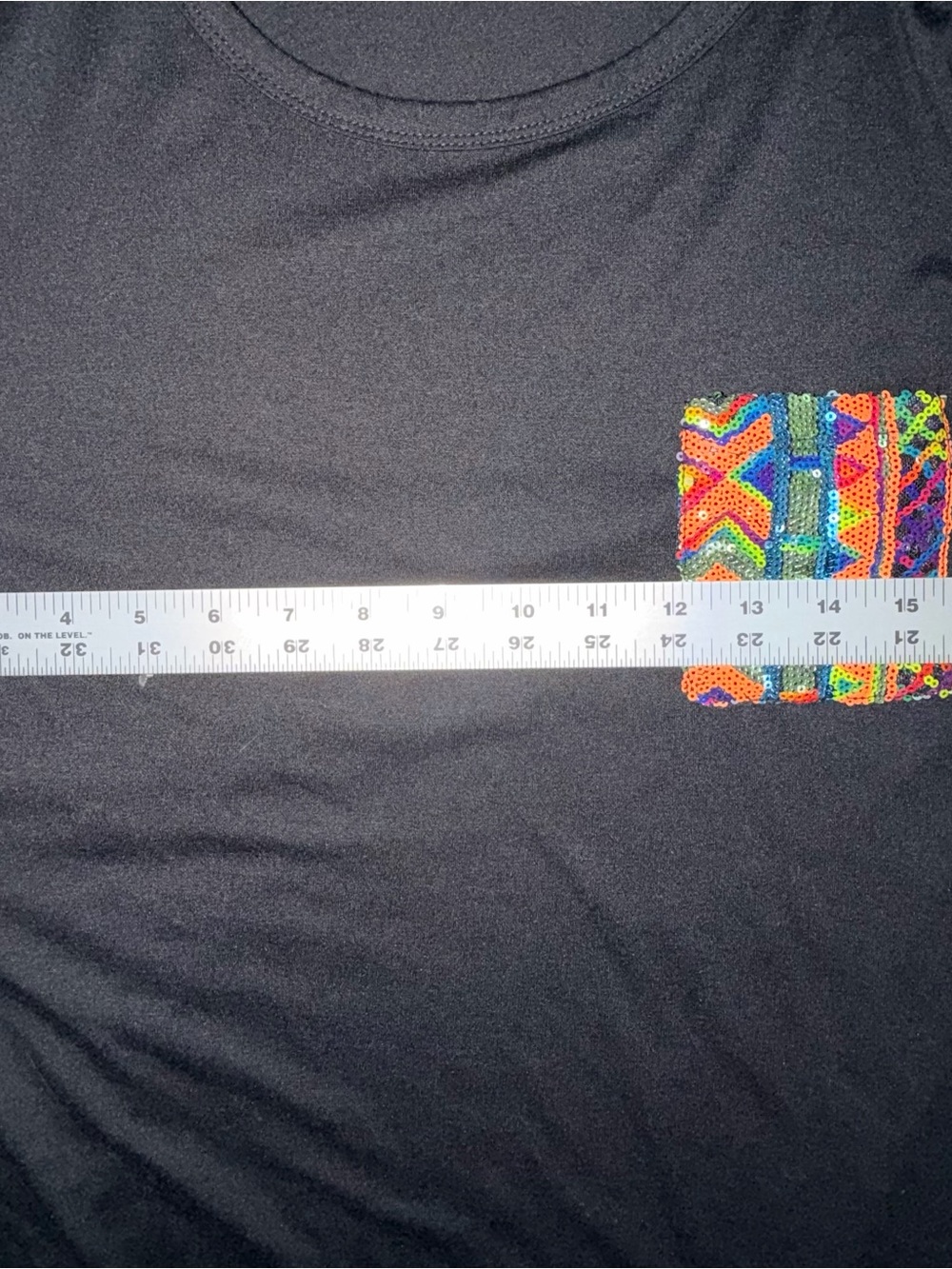 Sunshine & Rodeos Womens Black T-Shirt Multicolor Sequined Sleeves Pocket Sz L - Picture 8 of 9
